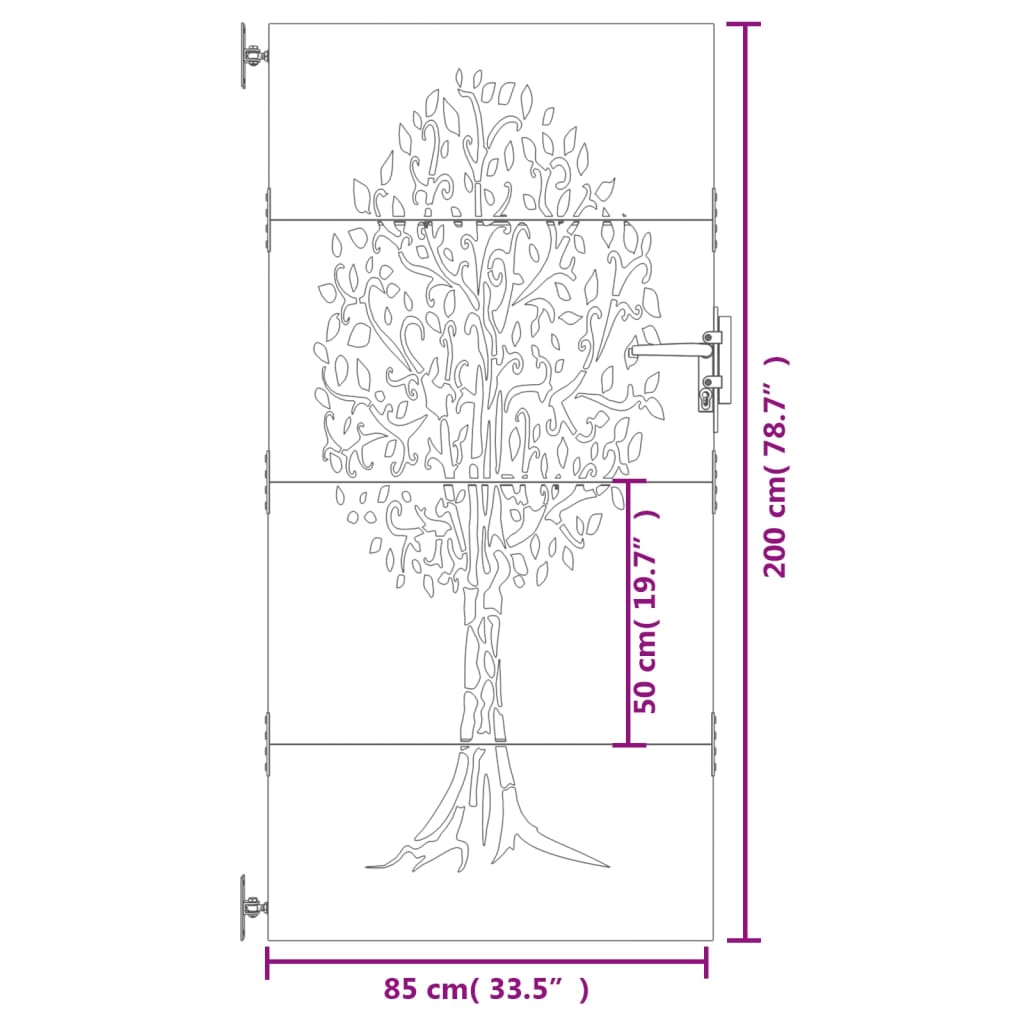 vidaXL Zahradní branka 85 x 200 cm cortenová ocel Strom