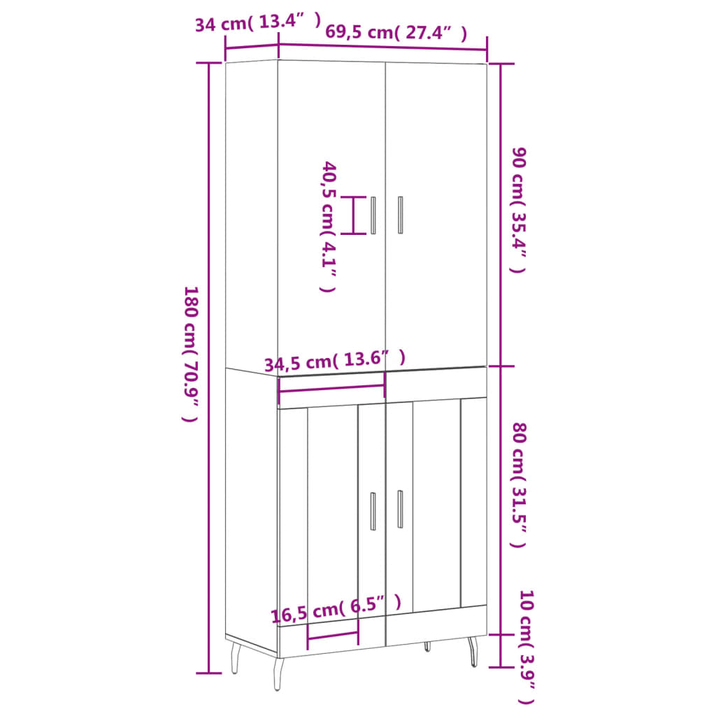 vidaXL Skříň highboard hnědý dub 69,5 x 34 x 180 cm kompozitní dřevo