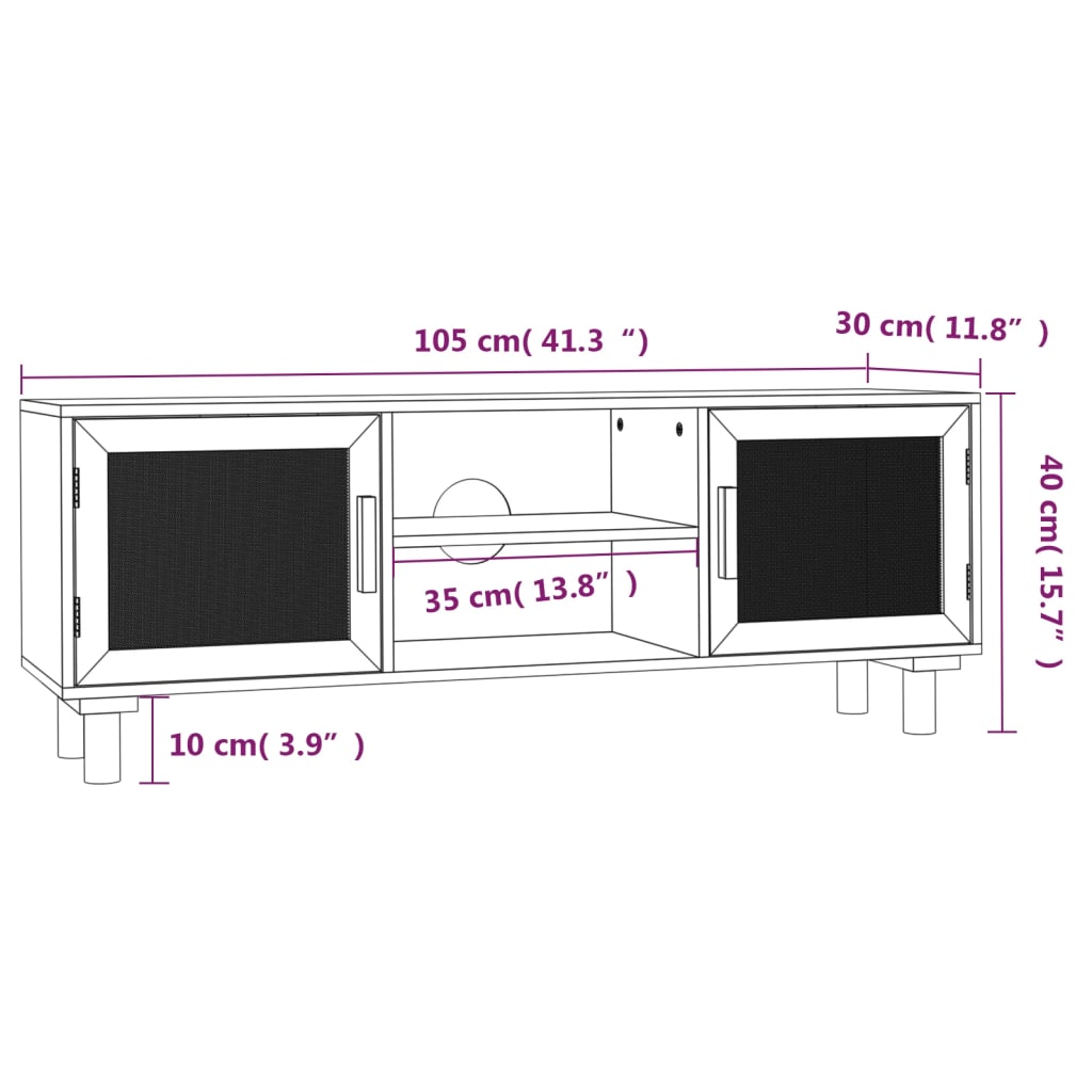 vidaXL TV stolek bílá 105x30x40 cm masivní borovice a přírodní ratan