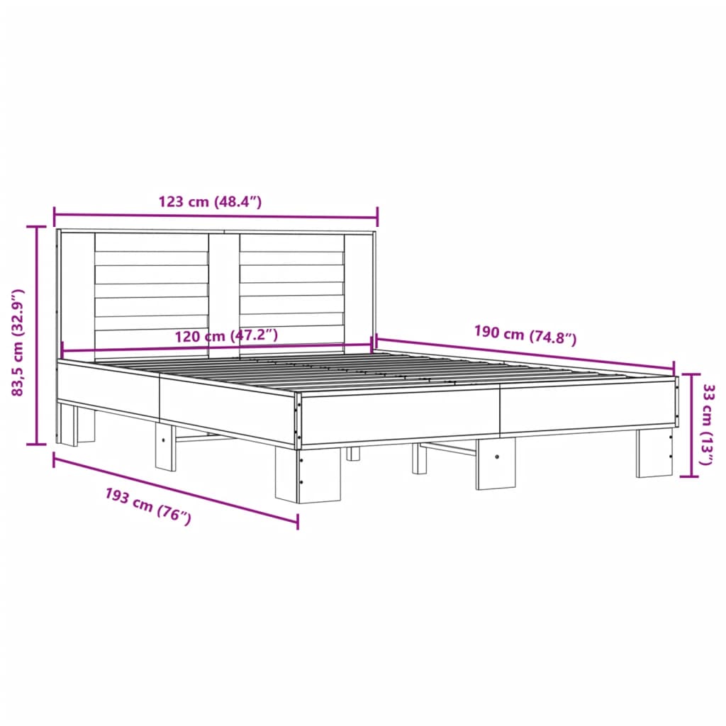 vidaXL Rám postele dub sonoma 120 x 190 cm kompozitní dřevo a kov