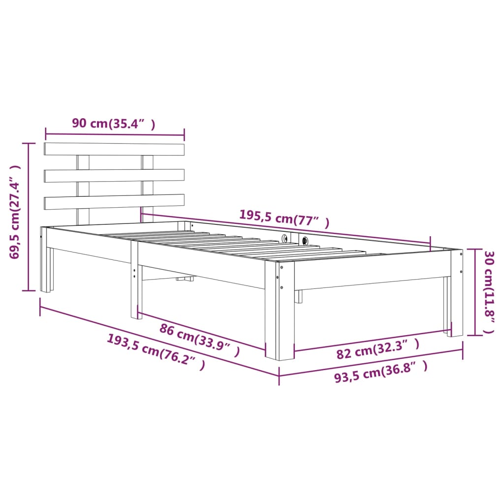 vidaXL Rám postele černý masivní dřevo 90 x 190 cm jednolůžko