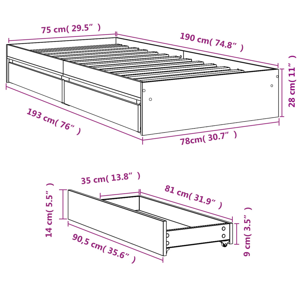 vidaXL Rám postele se zásuvkami dub sonoma 75x190 cm kompozitní dřevo