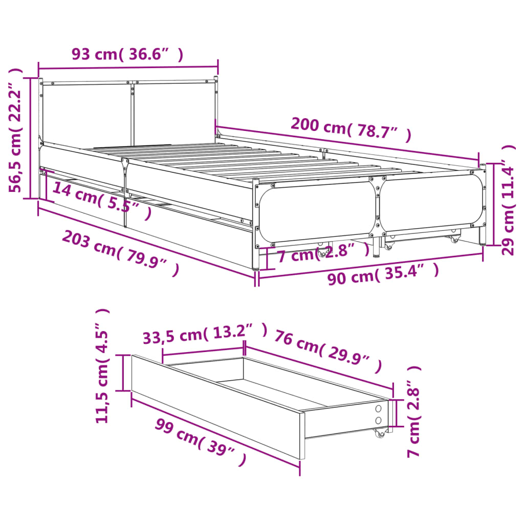 vidaXL Rám postele se zásuvkami dub sonoma 90x200 cm kompozitní dřevo