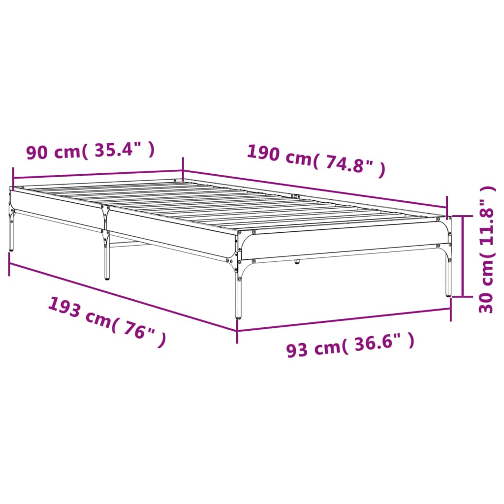 vidaXL Rám postele hnědý dub 90 x 190 cm kompozitní dřevo a kov