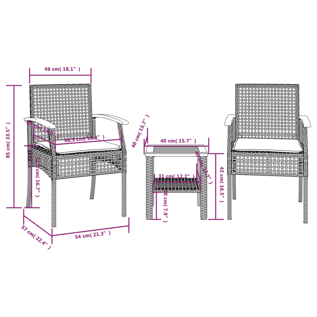 vidaXL 3dílný bistro set s poduškami béžový polyratan akáciové dřevo