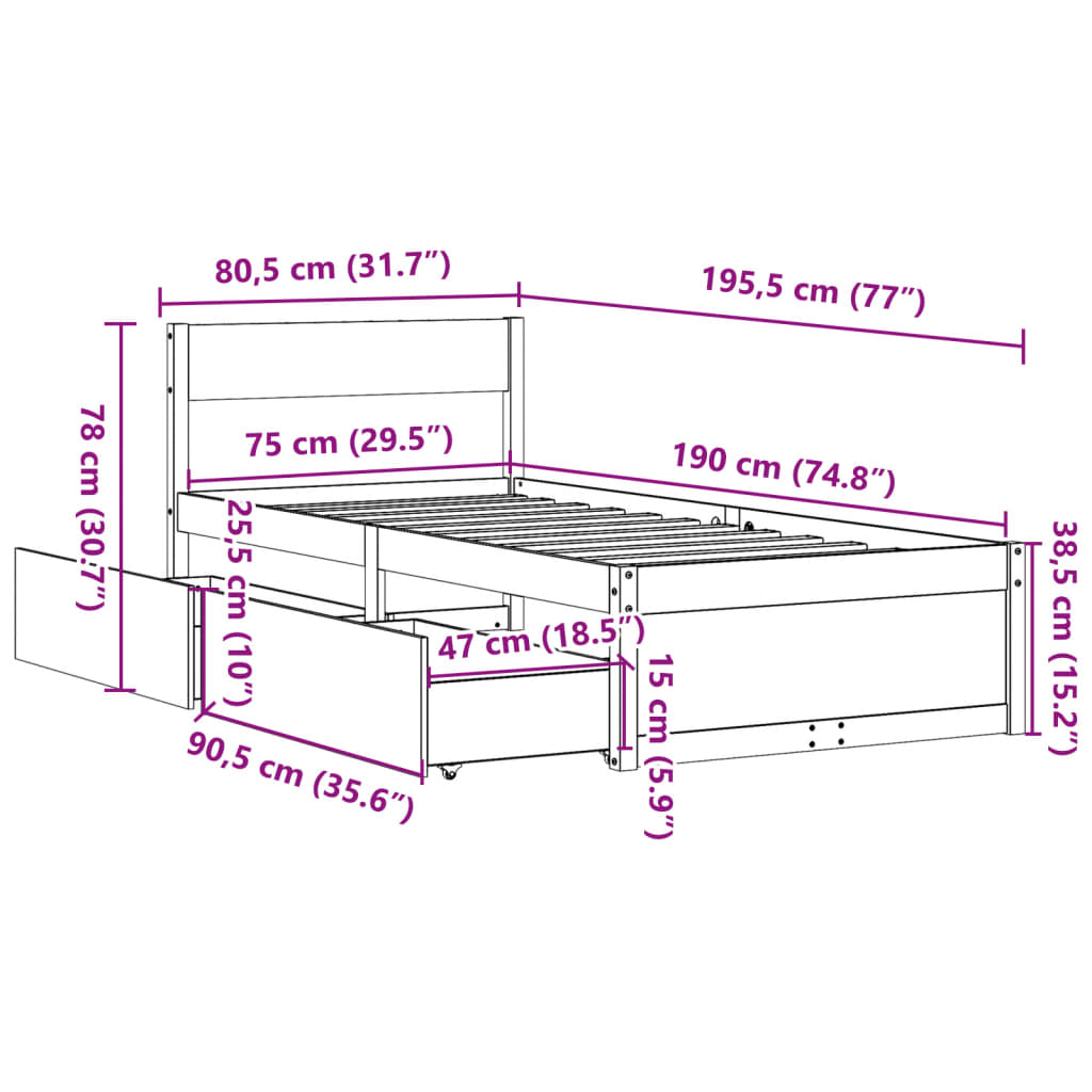 vidaXL Postel bez matrace 75 x 190 cm masivní borovice