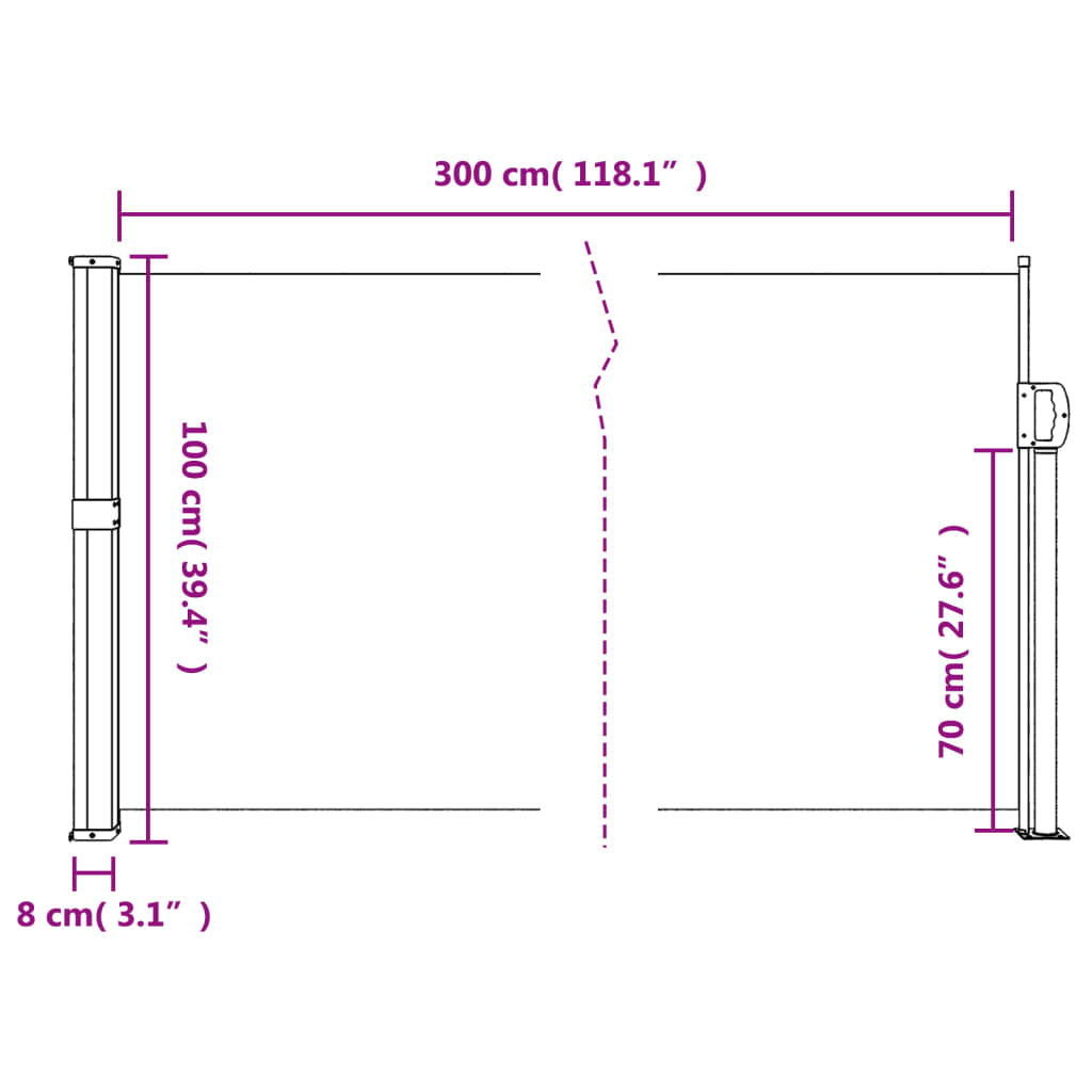 vidaXL Zatahovací boční markýza béžová 100 x 300 cm