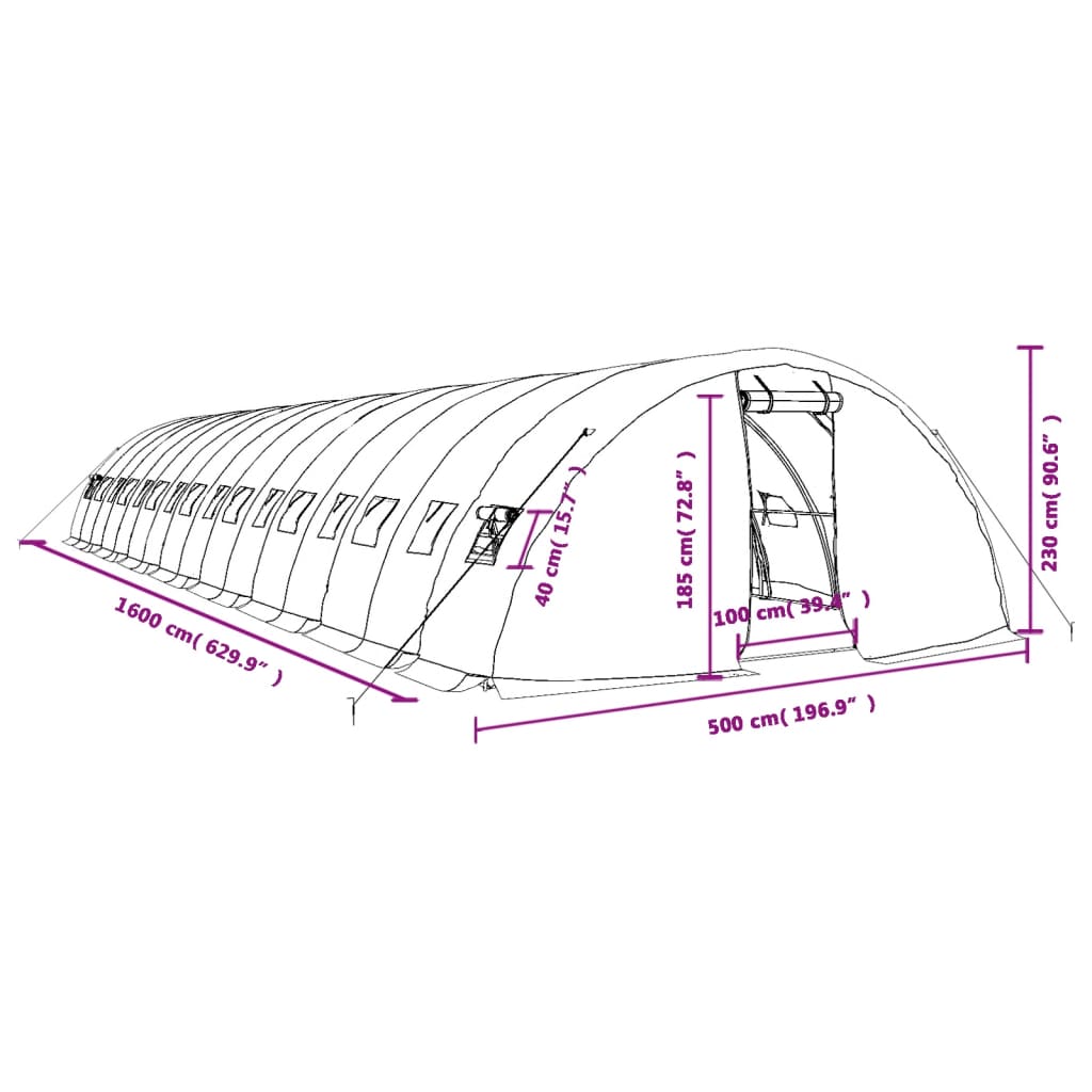 vidaXL Skleník s ocelovým rámem zelený 80 m² 16 x 5 x 2,3 m