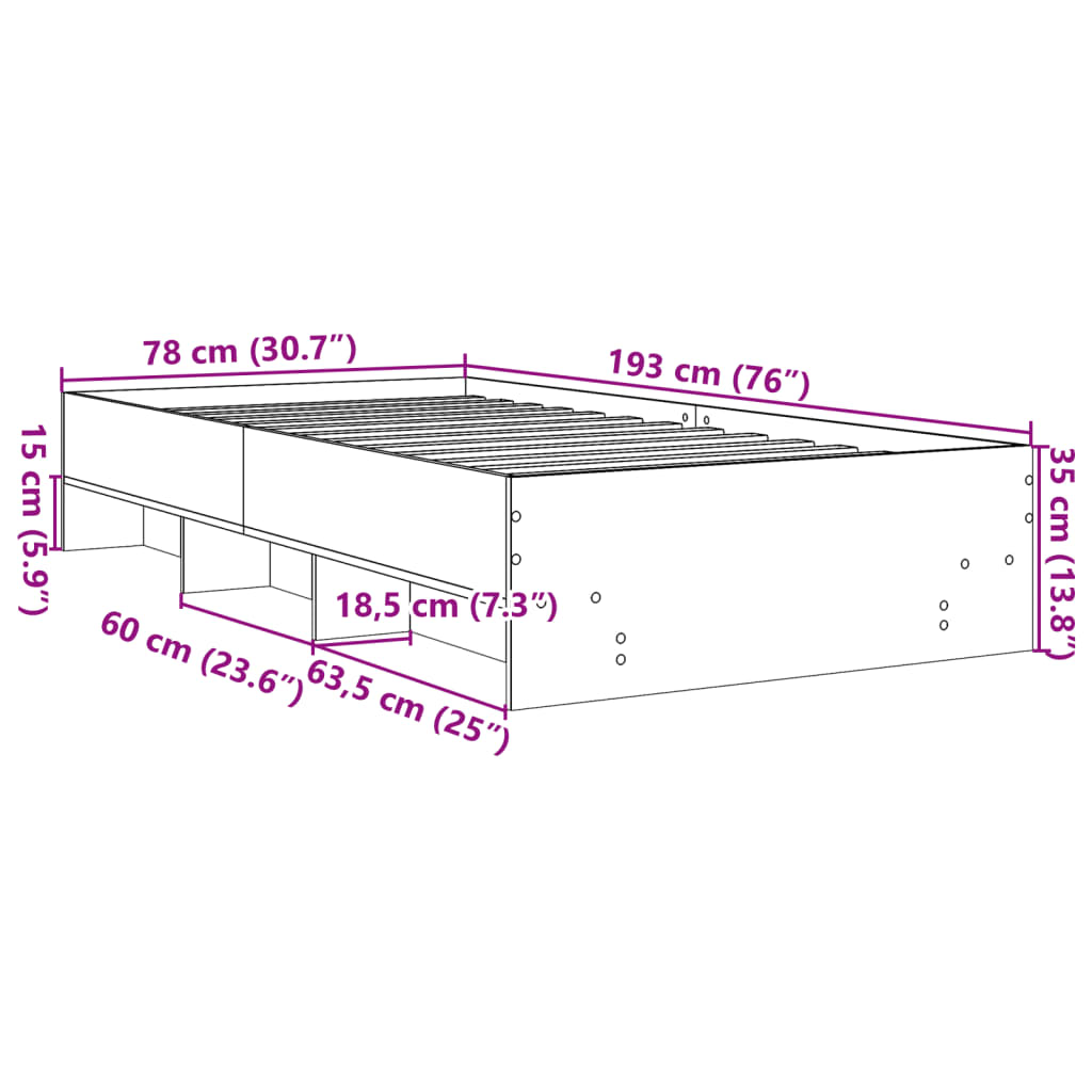 vidaXL Rám postele bez matrace hnědý dub 75 x 190 cm kompozitní dřevo