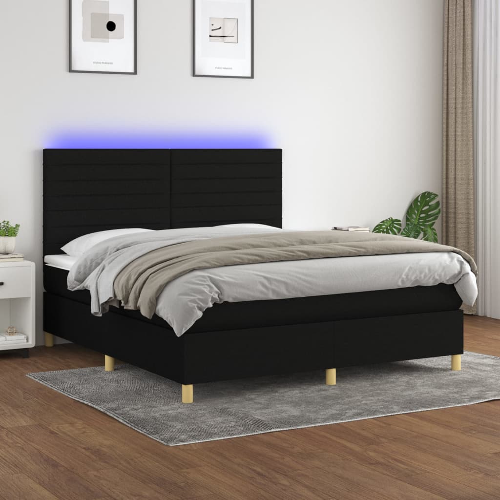 vidaXL Box spring postel s matrací a LED černá 180x200 cm textil