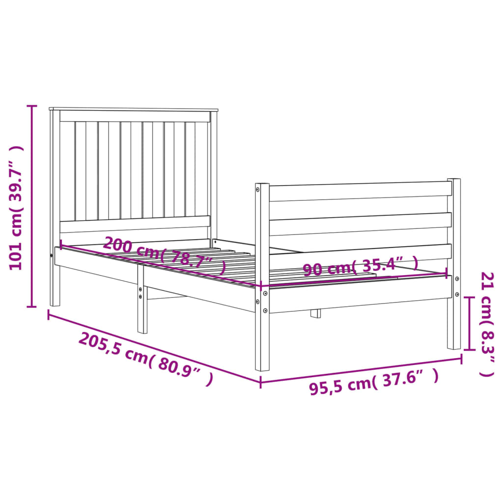 vidaXL Rám postele s čelem bílý 90 x 200 cm masivní dřevo