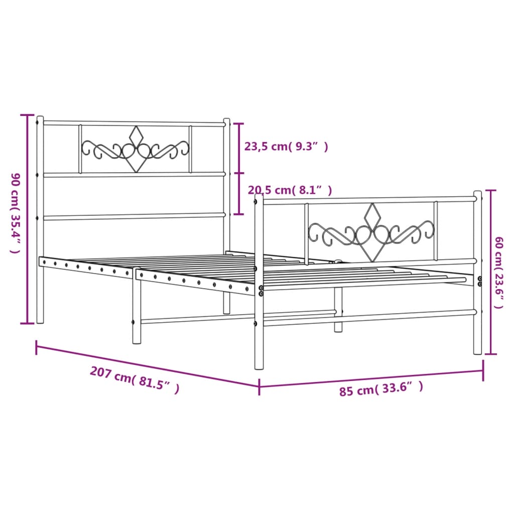 vidaXL Kovový rám postele s hlavovým a nožním čelem bílý 80 x 200 cm