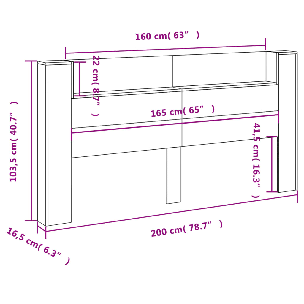 vidaXL Čelo postele úložný prostor a LED šedé sonoma 200x16,5x103,5 cm