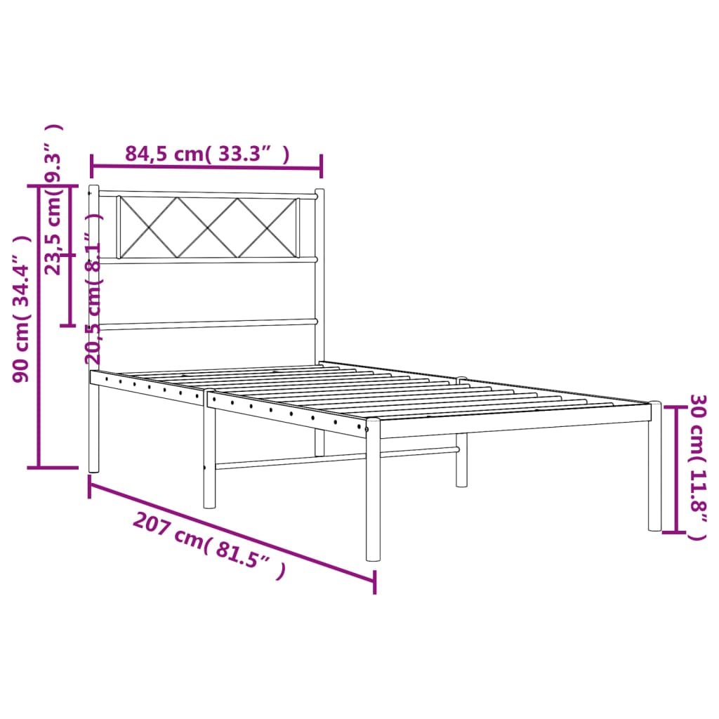 vidaXL Kovový rám postele s čelem černý 80 x 200 cm