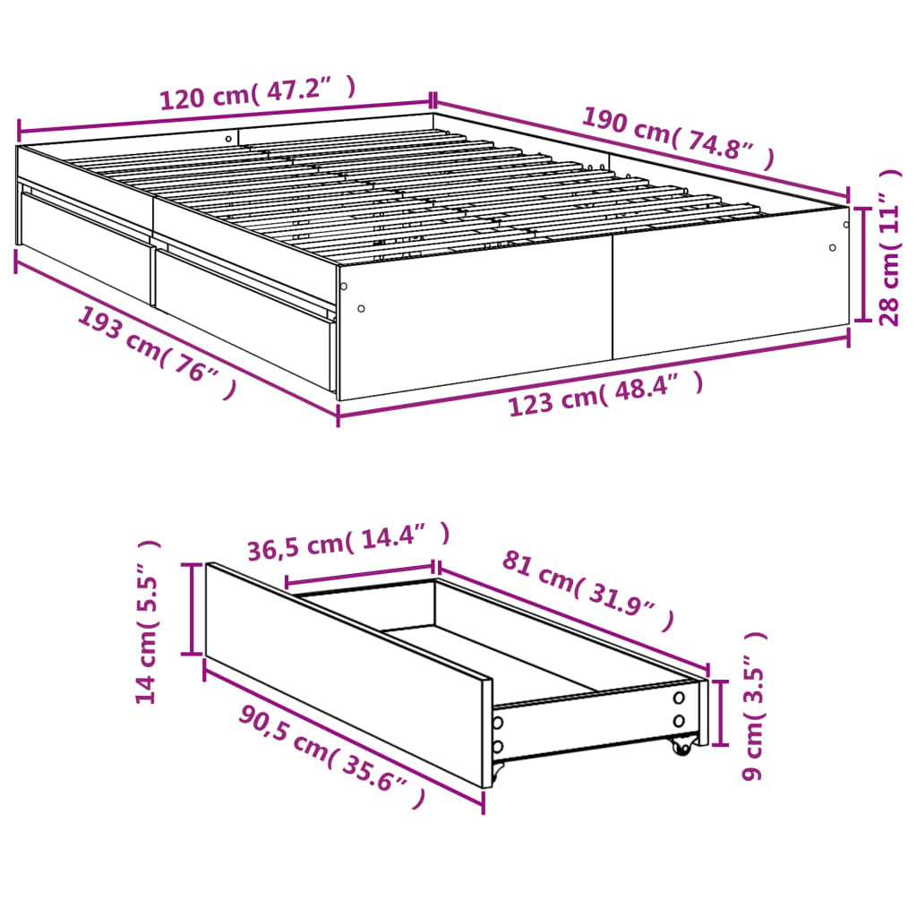 vidaXL Rám postele se zásuvkami betonově šedý 120 x 190 cm kompozit