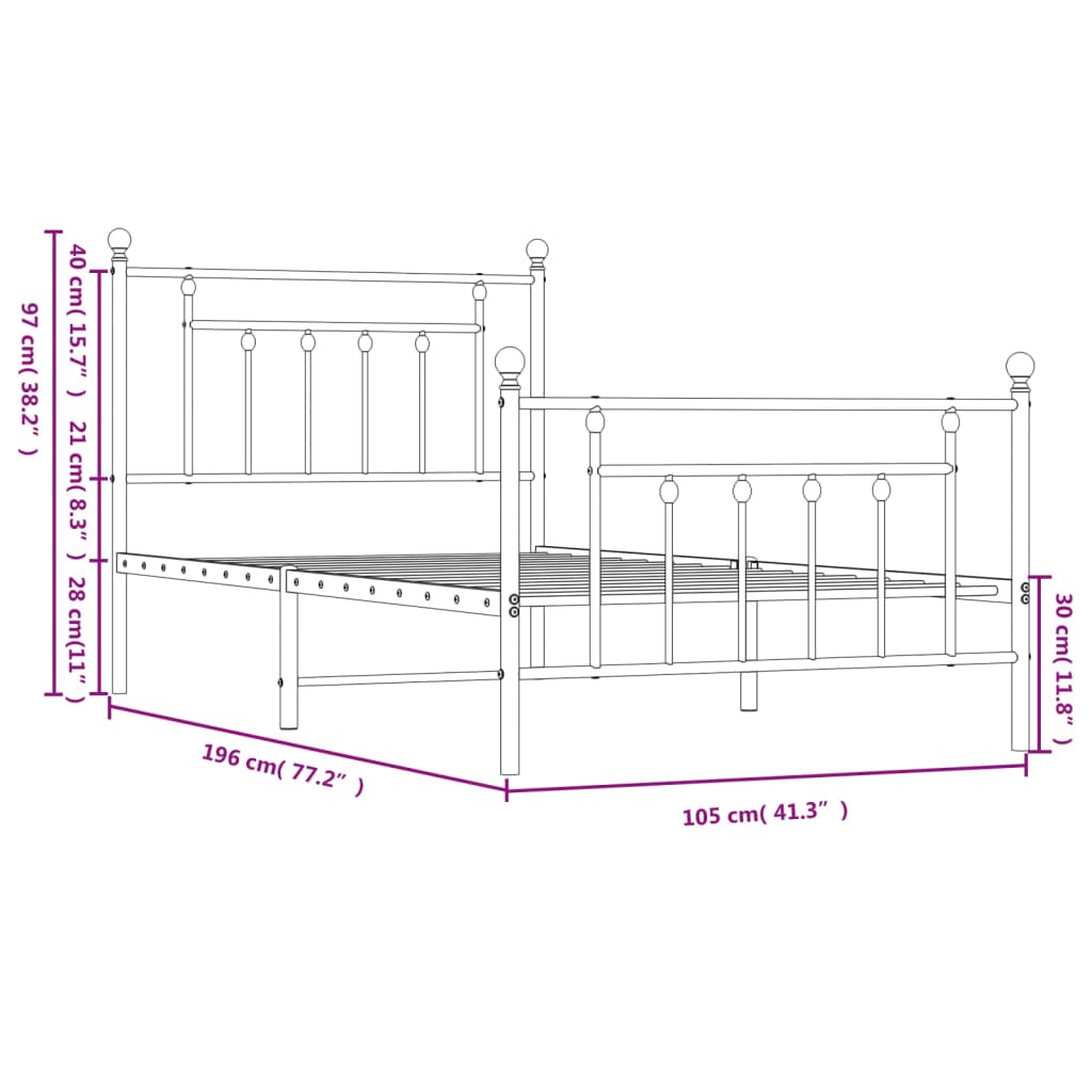 vidaXL Kovový rám postele s hlavovým a nožním čelem bílý 100 x 190 cm