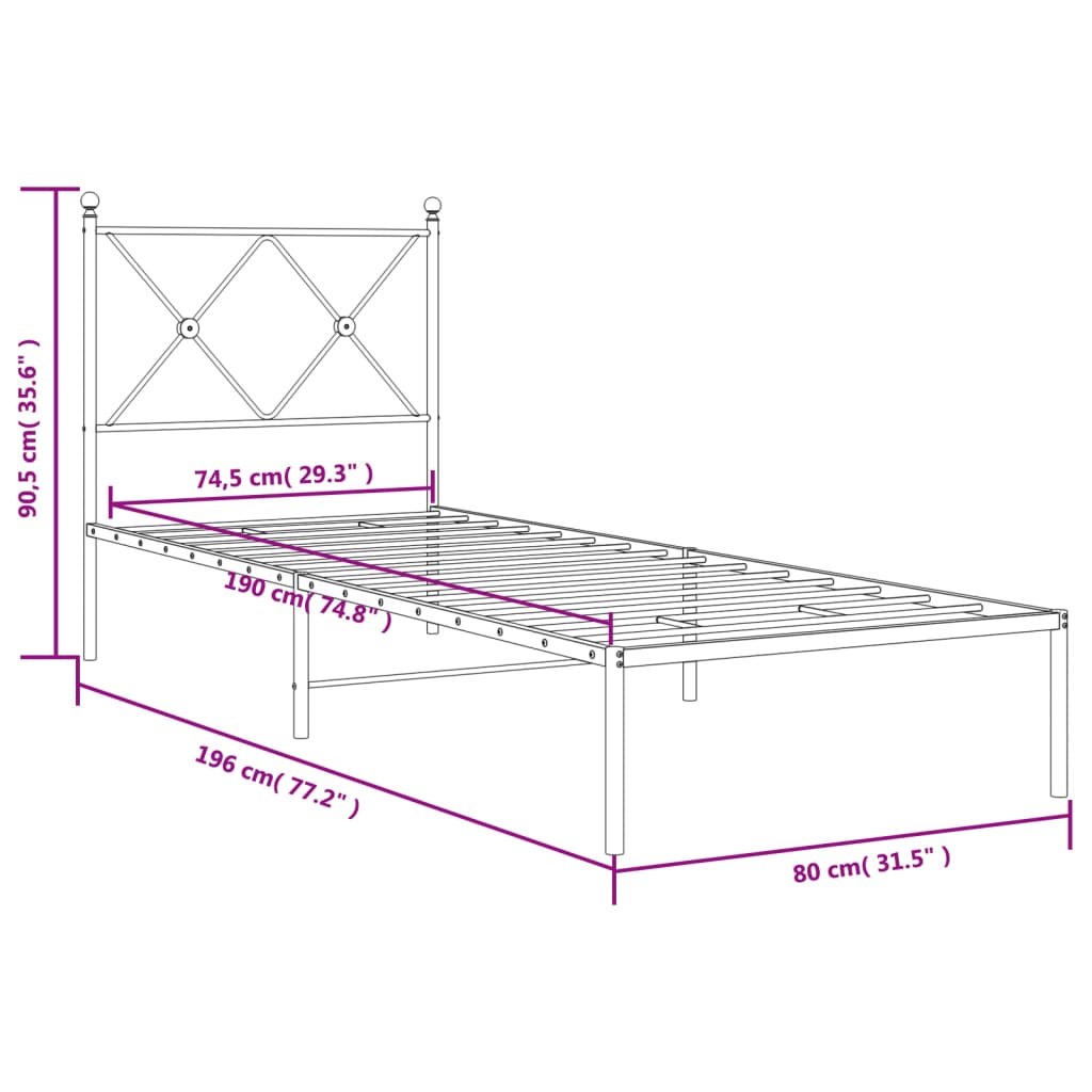 vidaXL Kovový rám postele s čelem černý 75 x 190 cm