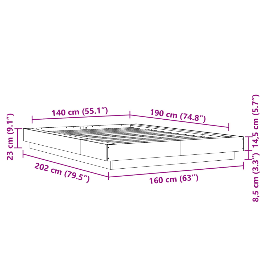 vidaXL Rám postele s LED osvětlením hnědý dub 140 x 190 cm kompozit