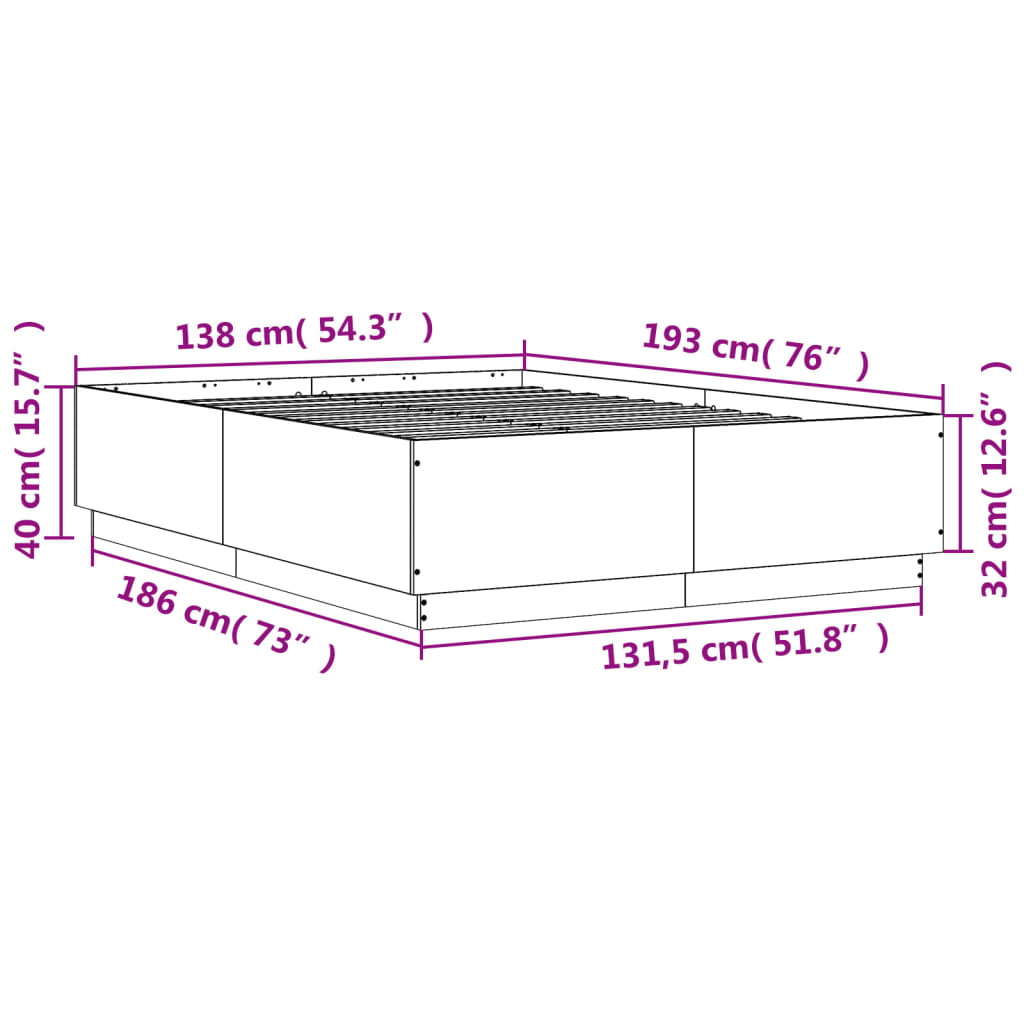 vidaXL Rám postele s LED osvětlením hnědý dub 135 x 190 cm kompozit