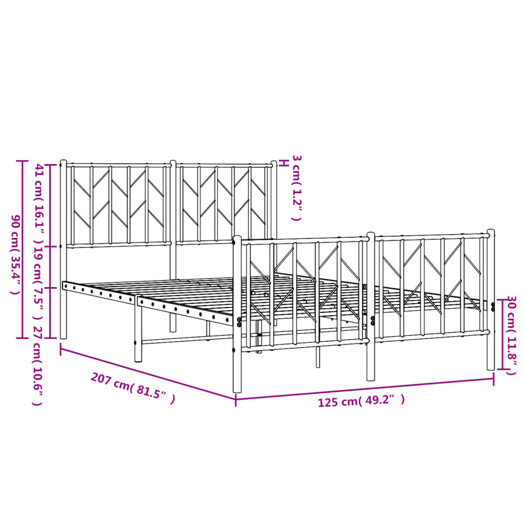 vidaXL Kovový rám postele s hlavovým a nožním čelem černý 120 x 200 cm