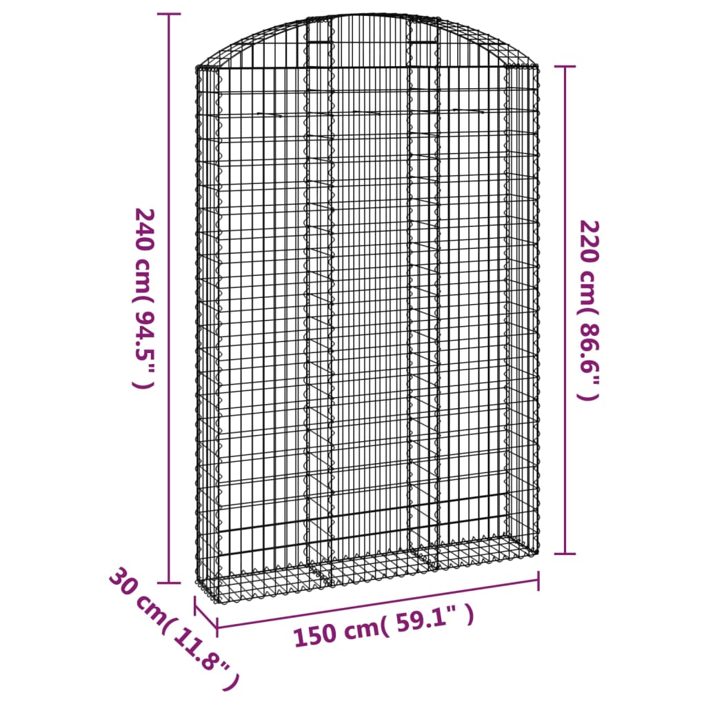 vidaXL Klenutý gabionový koš 150 x 30 x 220/240 cm pozinkované železo