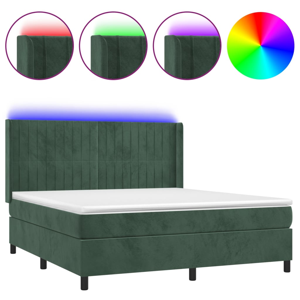 vidaXL Box spring postel s matrací a LED tmavě zelená 160x200 cm samet