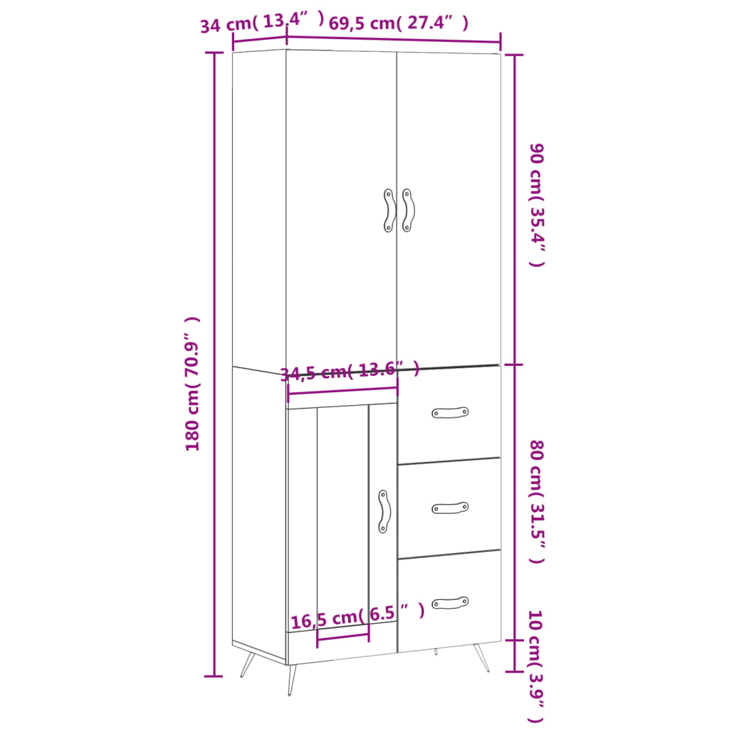 vidaXL Skříň highboard bílá 69,5 x 34 x 180 cm kompozitní dřevo