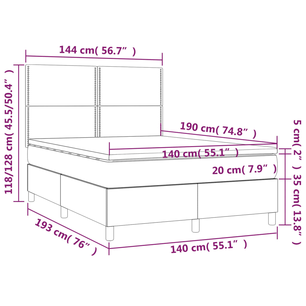 vidaXL Box spring postel s matrací a LED tmavě modrá 140x190 cm samet