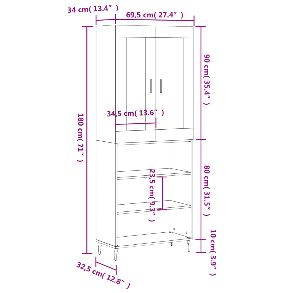 vidaXL Skříň highboard bílá 69,5 x 34 x 180 cm kompozitní dřevo