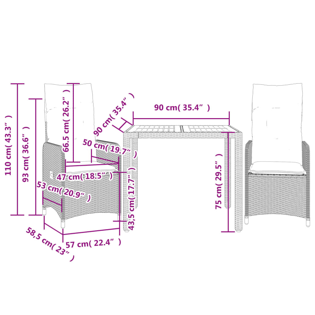 vidaXL 3dílný zahradní bistro set s poduškami béžový polyratan