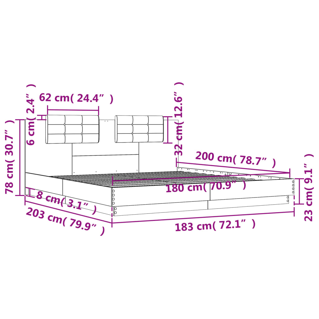 vidaXL Rám postele s čelem a LED osvětlením hnědý dub 180x200 cm