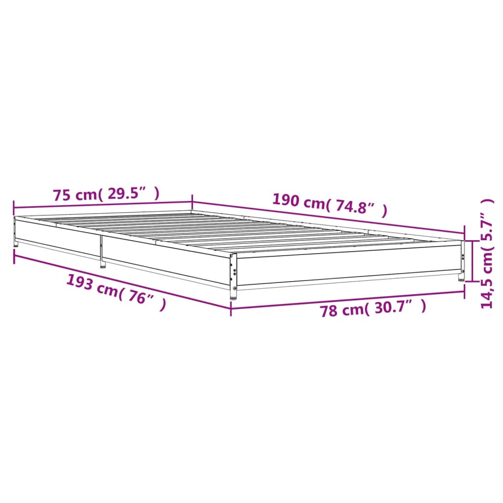 vidaXL Rám postele šedý sonoma 75 x 190 cm kompozitní dřevo a kov