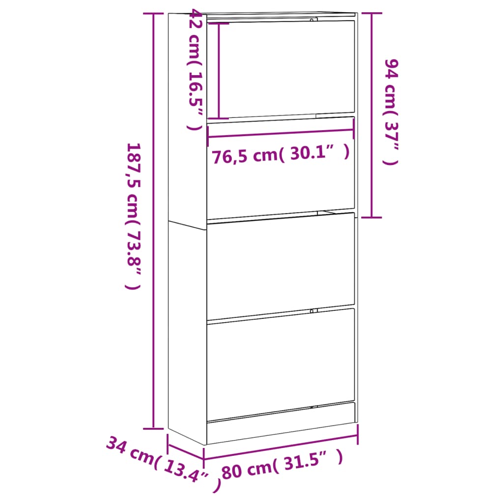 vidaXL Botník se 4 výklopnými zásuvkami dub sonoma 80 x 34 x 187,5 cm