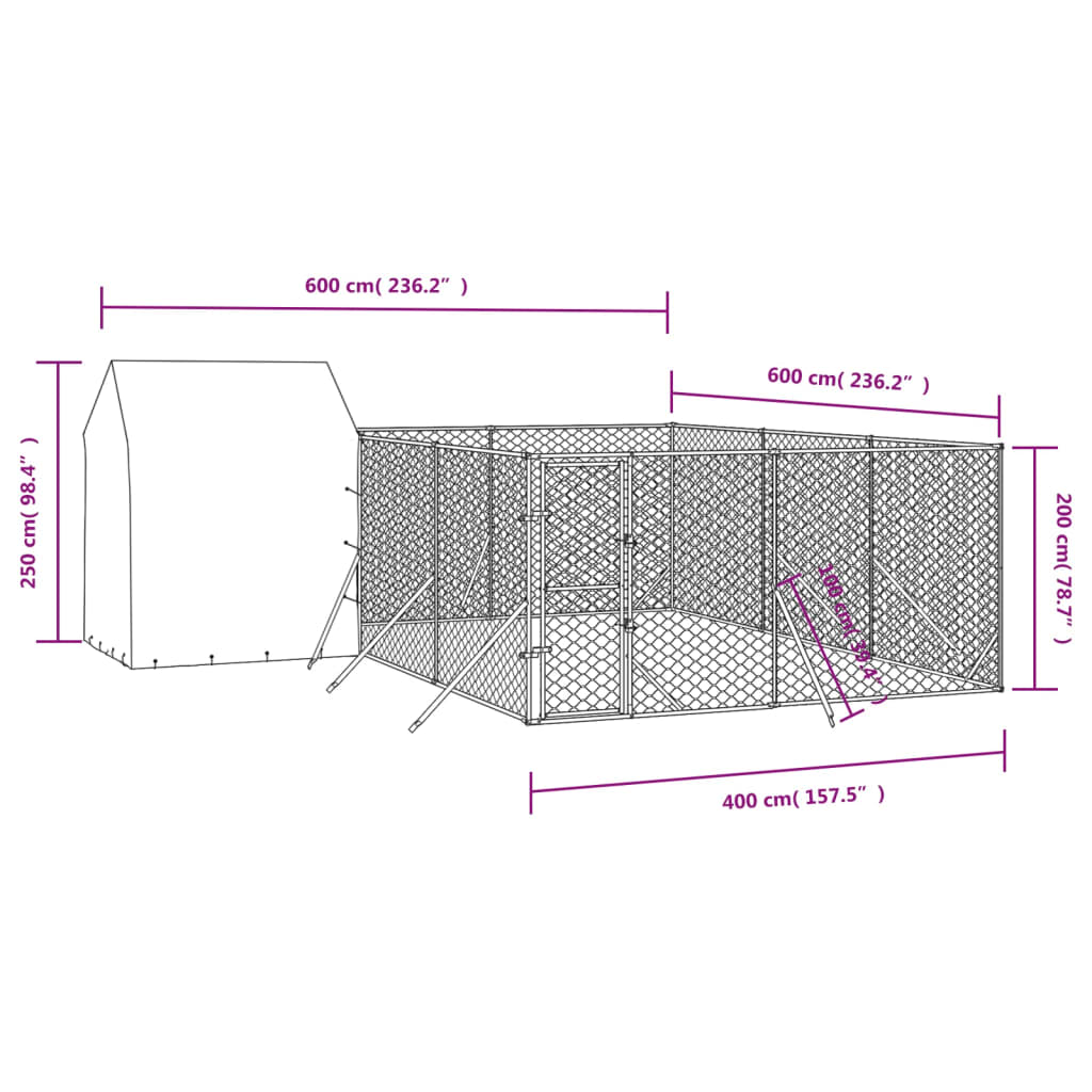 vidaXL Venkovní psí kotec se střechou stříbrný 6 x 6 x 2,5 m ocel