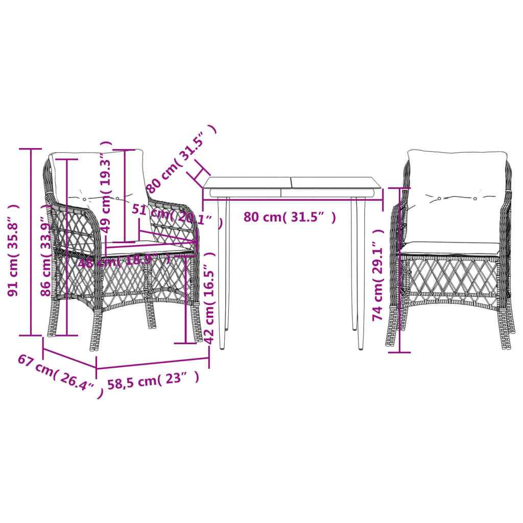 vidaXL 3dílný bistro set s poduškami hnědý polyratan