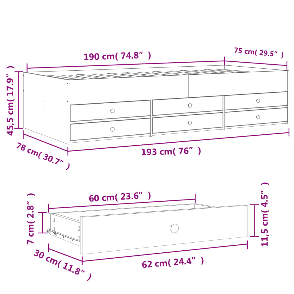 vidaXL Válenda se zásuvkami bez matrace hnědý dub 75 x 190 cm