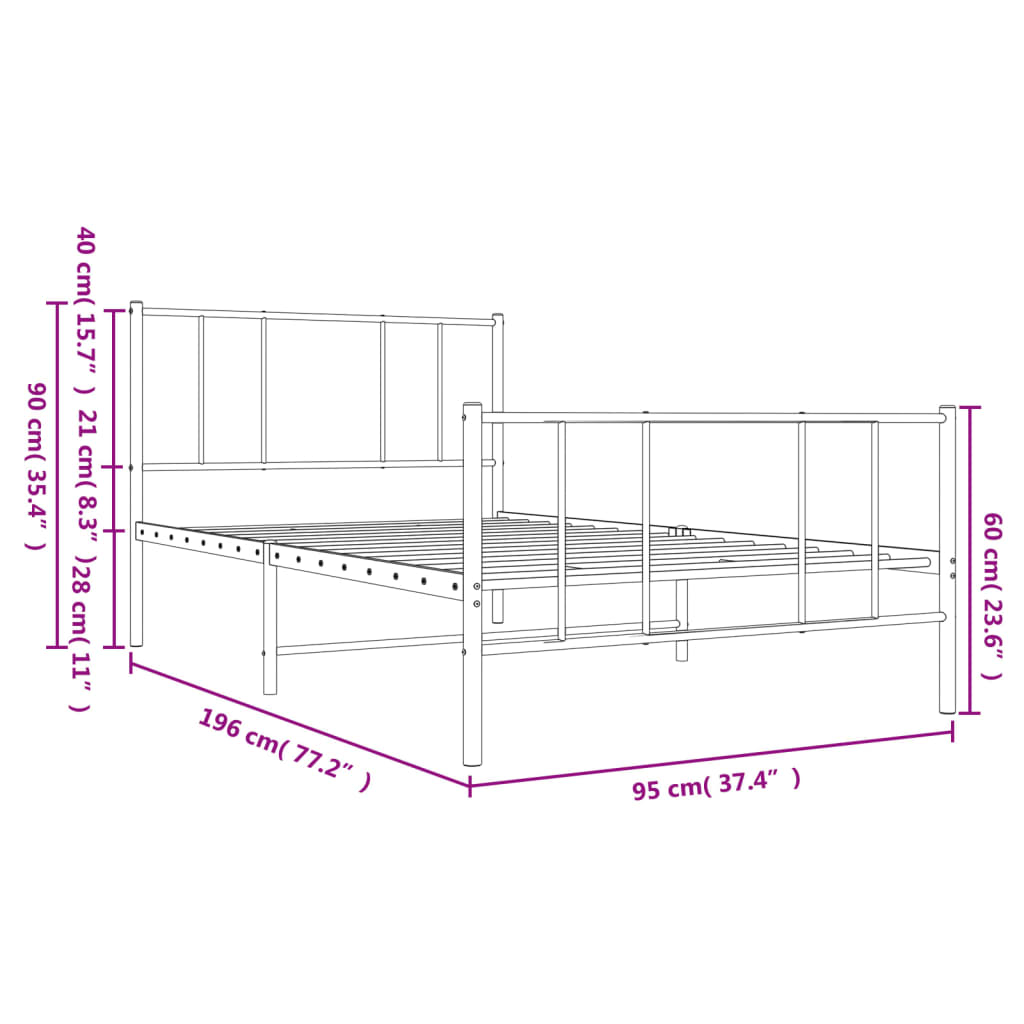 vidaXL Kovový rám postele s hlavovým a nožním čelem černý 90 x 190 cm