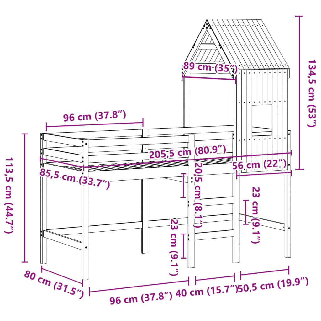 vidaXL Patrová postel s žebříkem a střechou 80 x 200 cm borovice