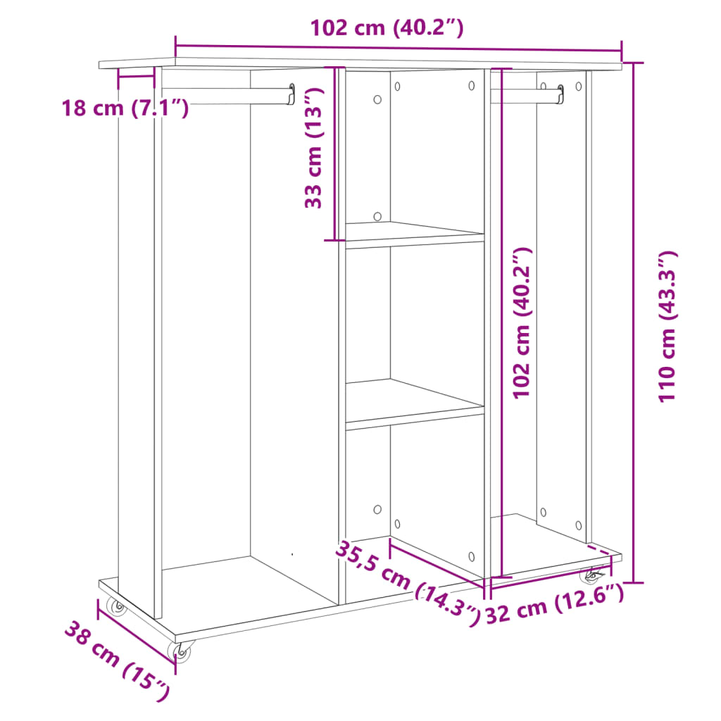 vidaXL Šatní skříň na kolečkách dub sonoma 102 x 38 x 110 cm kompozit