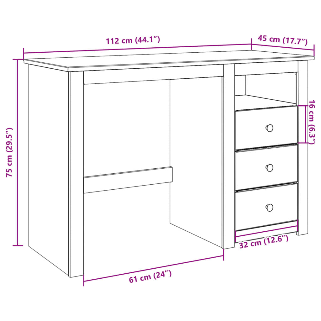 vidaXL Psací stůl Panama 112 x 45 x 75 cm masivní borové dřevo