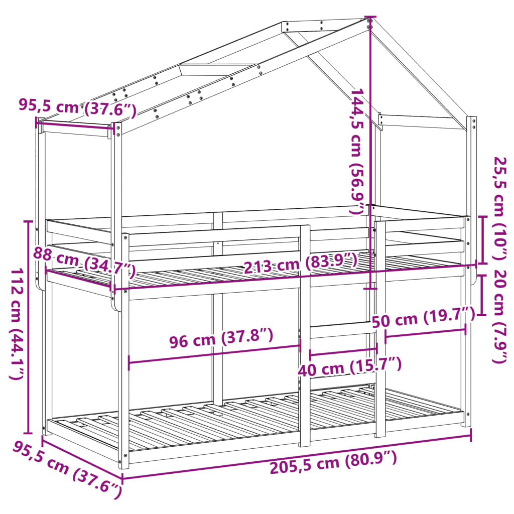 vidaXL Patrová postel se střechou voskově hnědá 90x200 cm borové dřevo