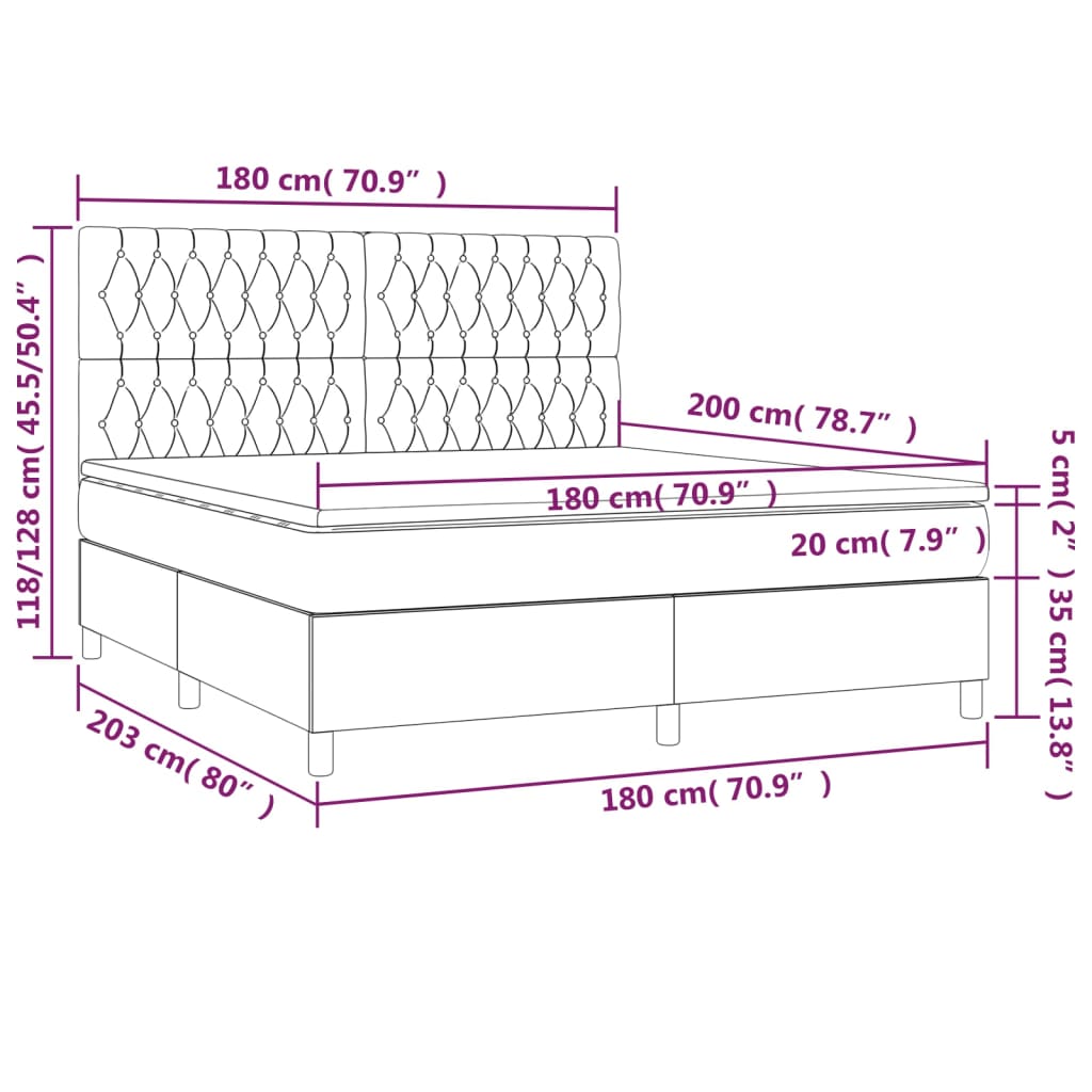 vidaXL Box spring postel s matrací a LED světle šedá 180x200 cm textil