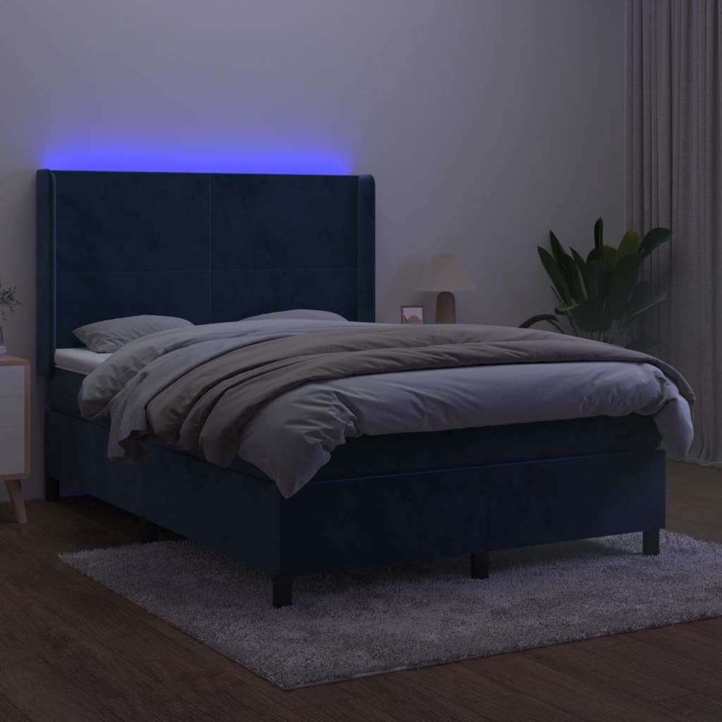 vidaXL Box spring postel s matrací a LED tmavě modrá 140x190 cm samet