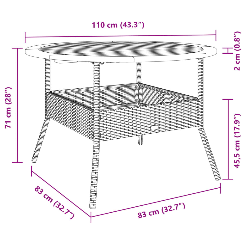 vidaXL Zahradní stůl s akáciovou deskou béžový Ø 110 x 71 cm polyratan