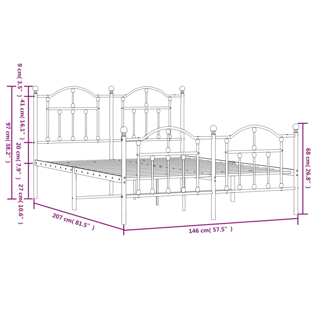 vidaXL Kovový rám postele s hlavovým a nožním čelem bílý 140 x 200 cm