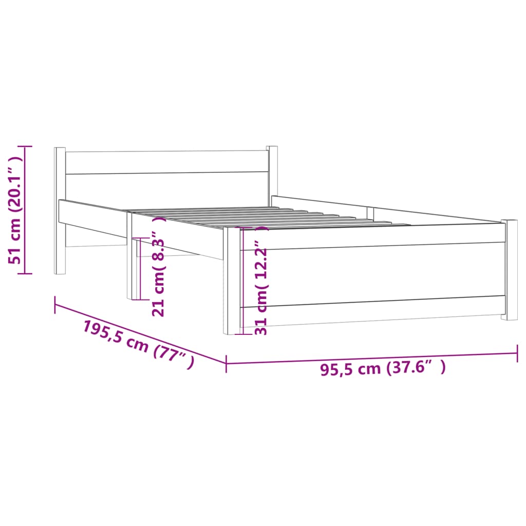 vidaXL Rám postele bílý masivní dřevo 90 x 190 cm jednolůžko