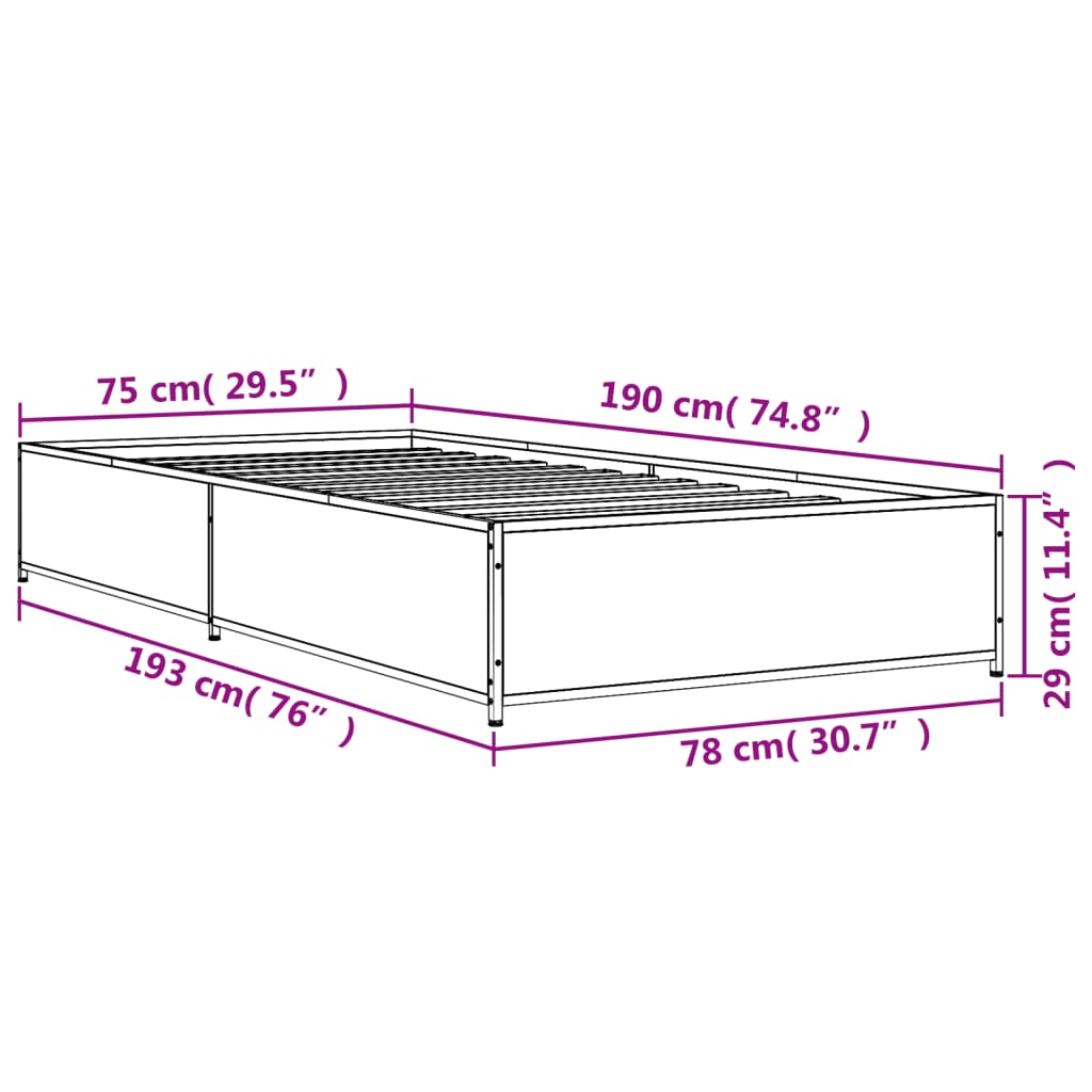 vidaXL Rám postele dub sonoma 75 x 190 cm kompozitní dřevo a kov