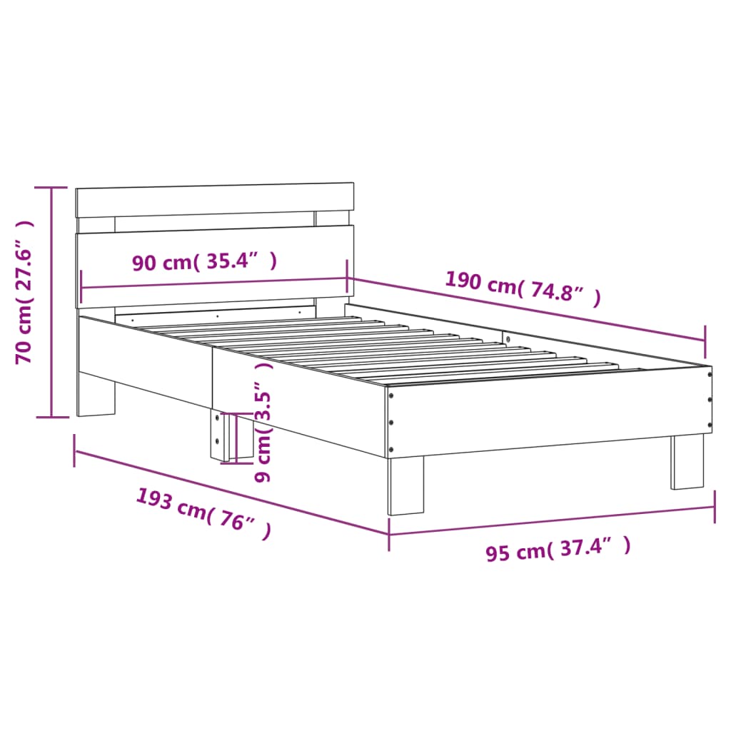 vidaXL Rám postele s čelem a LED osvětlením betonově šedý 90 x 190 cm