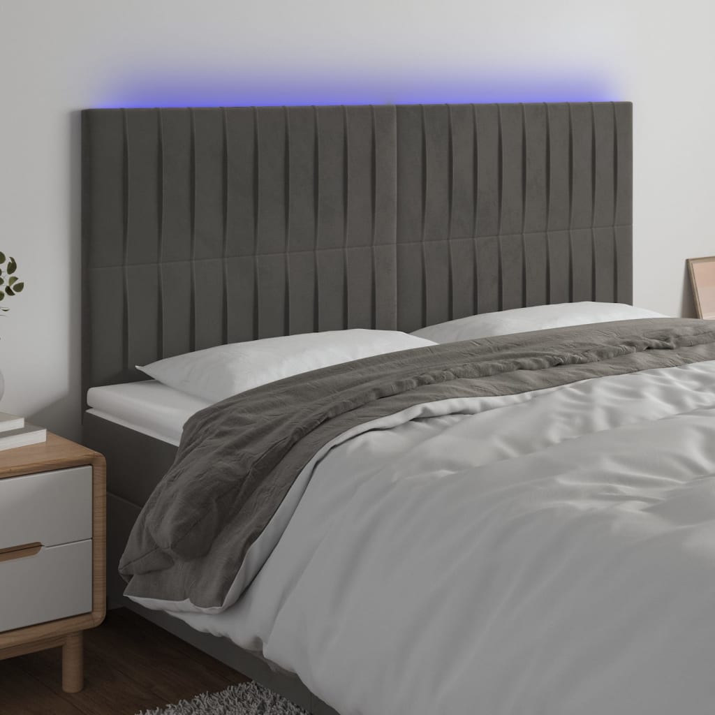 vidaXL Čelo postele s LED tmavě šedé 180x5x118/128 cm samet