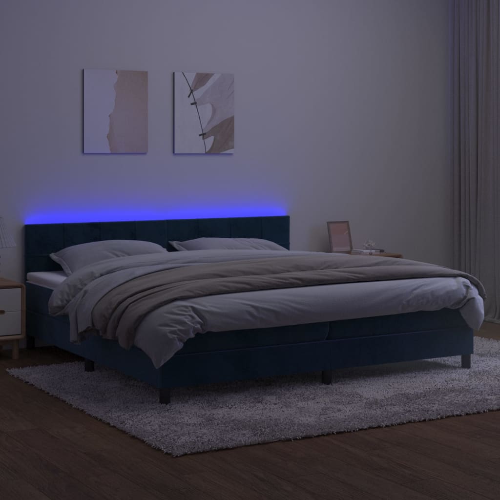 vidaXL Box spring postel s matrací a LED tmavě modrá 200x200 cm samet